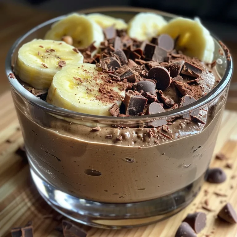 Schokoladiger Genuss: Glutenfreie und vegane Mousse mit Bananen Nahaufnahme einer veganen Schoko-Bananen-Mousse in einer Schüssel.
