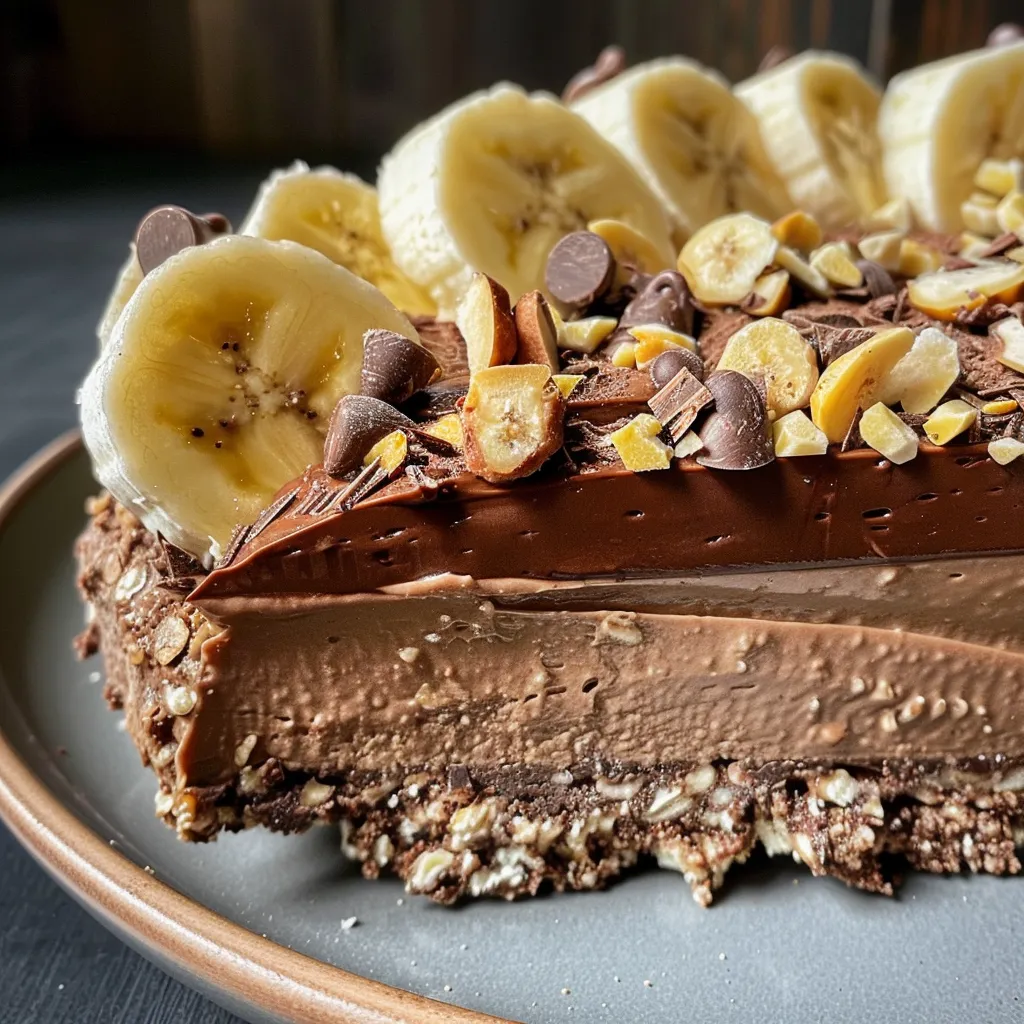 Seitenansicht einer cremigen Schoko-Bananen-Mousse mit Banane und Schokolade.