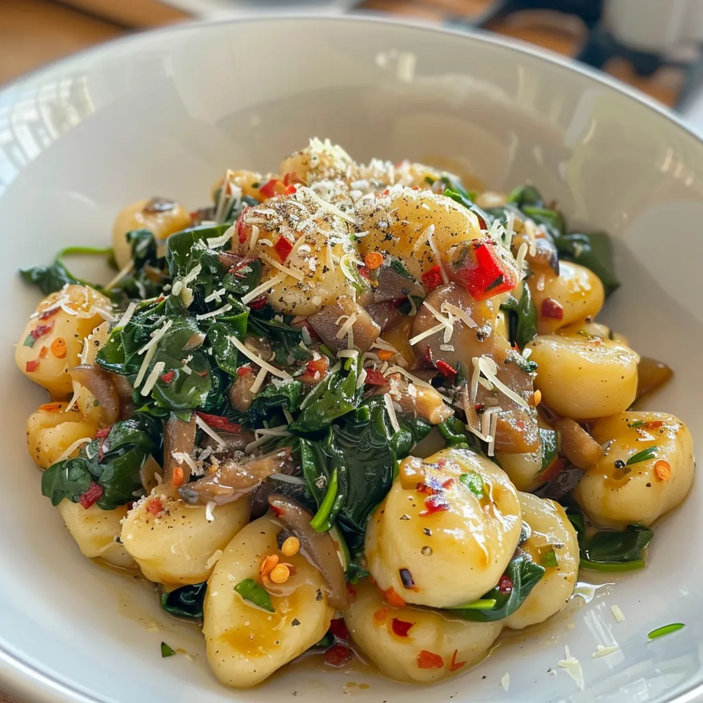 Nahaufnahme einer Gnocchi Pfanne mit Zwiebeln, Paprika und Käse.