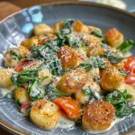 Nahaufnahme eines köstlichen Gnocchi Spinat Auflaufs mit geschmolzenem Käse.