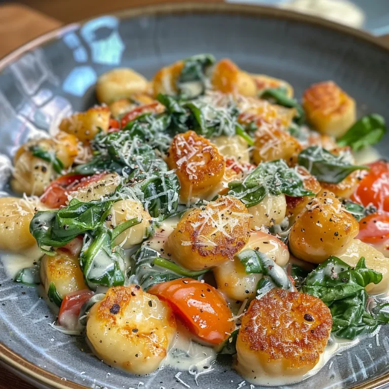 Nahaufnahme eines Gnocchi Spinat Auflaufs mit geschmolzenem Käse und frischen Tomaten.