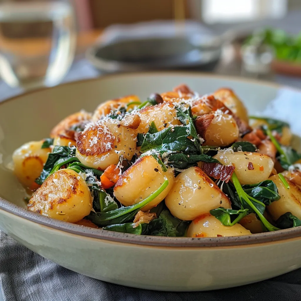 Seitenansicht eines appetitlichen Gnocchi Auflaufs mit Spinat und goldbraunem Käse.