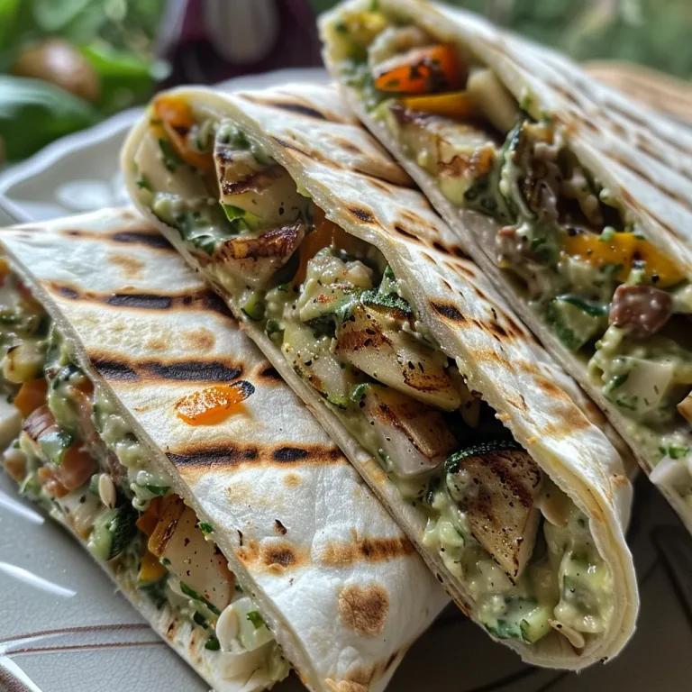 Nahaufnahme eines Grillgemüse-Wraps mit Hummus, auf einem weißen Teller serviert.