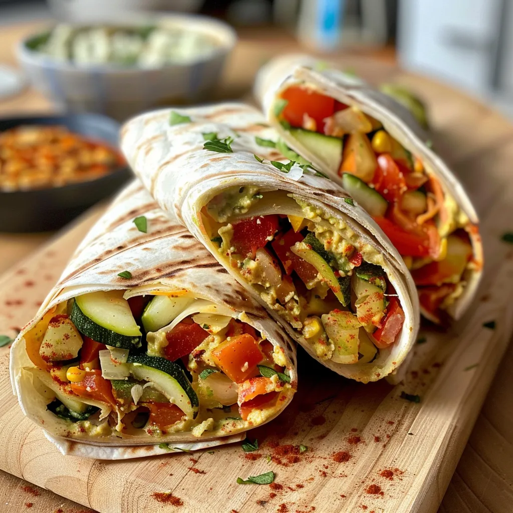 Seiteansicht eines saftigen Grillgemüse-Wraps mit einer Füllung aus buntem Gemüse und Hummus.