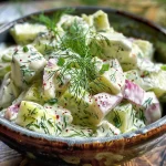 Nahaufnahme eines Gurkensalats mit frischem Dill in einer Schüssel.