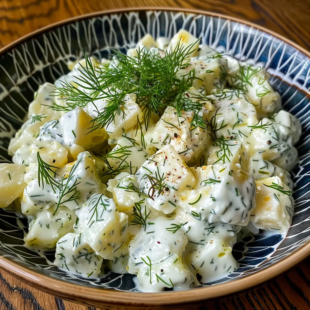 Seitenansicht eines appetitlichen Gurkensalats mit Joghurt und Dill.