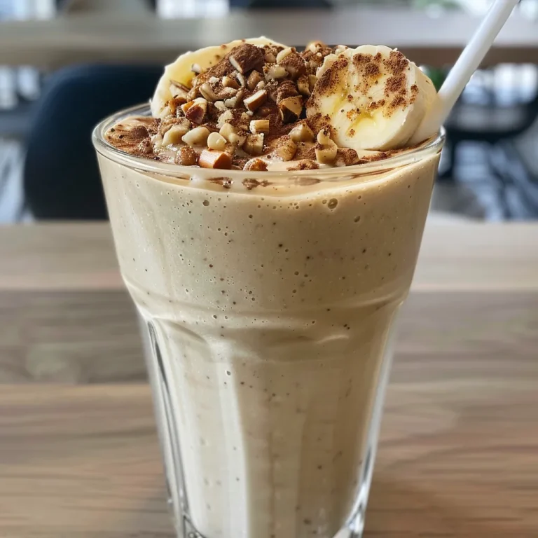 Nahaufnahme eines Haferflocken-Smoothies mit griechischem Joghurt und Banane.