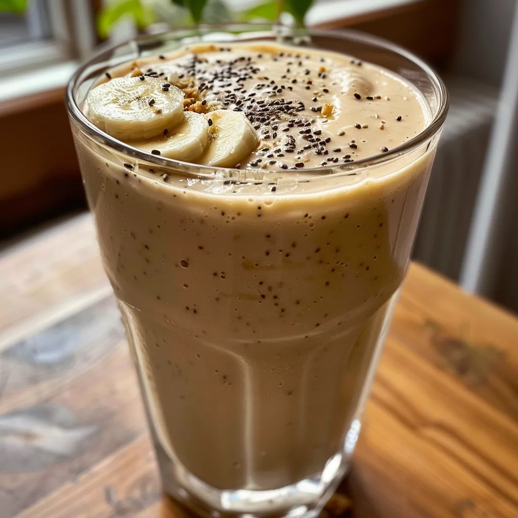 Seitenansicht eines cremigen Haferflocken-Smoothies in einem Glas.
