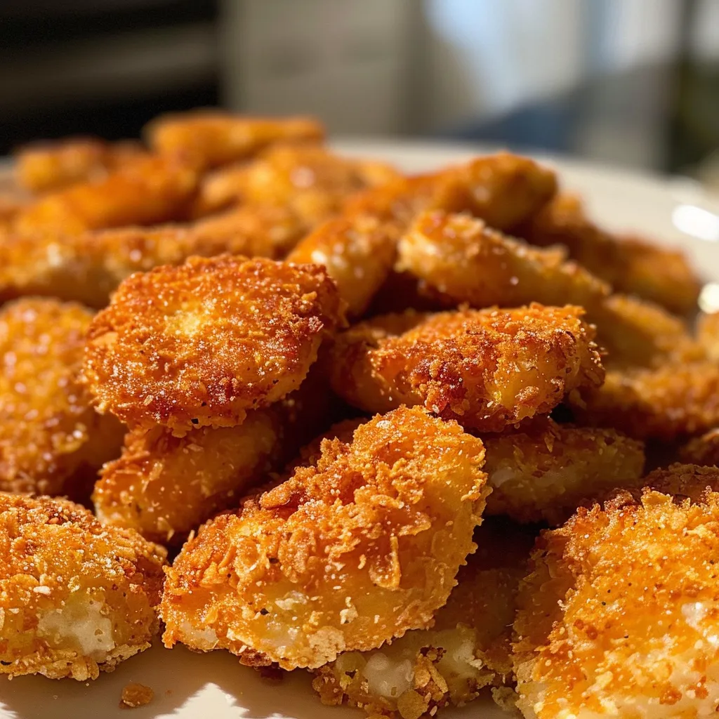 Saftige Hähnchen Nuggets in goldbrauner Panade sichtbar von der Seite.
