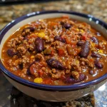 Nahaufnahme von saftigem Rinderhackfleisch-Herd-Chili in einer Schüssel.
