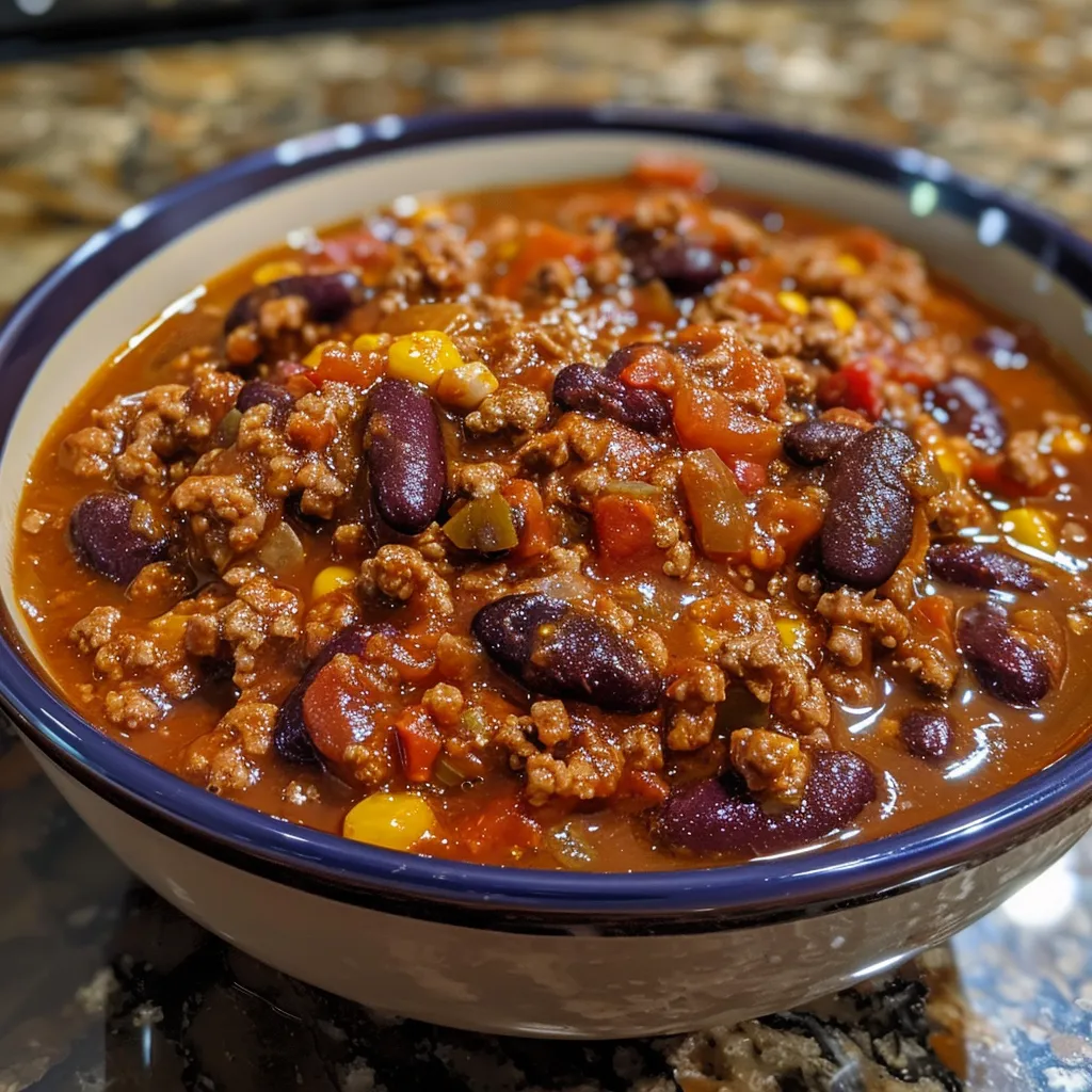 Nahaufnahme von saftigem Rinderhackfleisch-Herd-Chili in einer Schüssel.