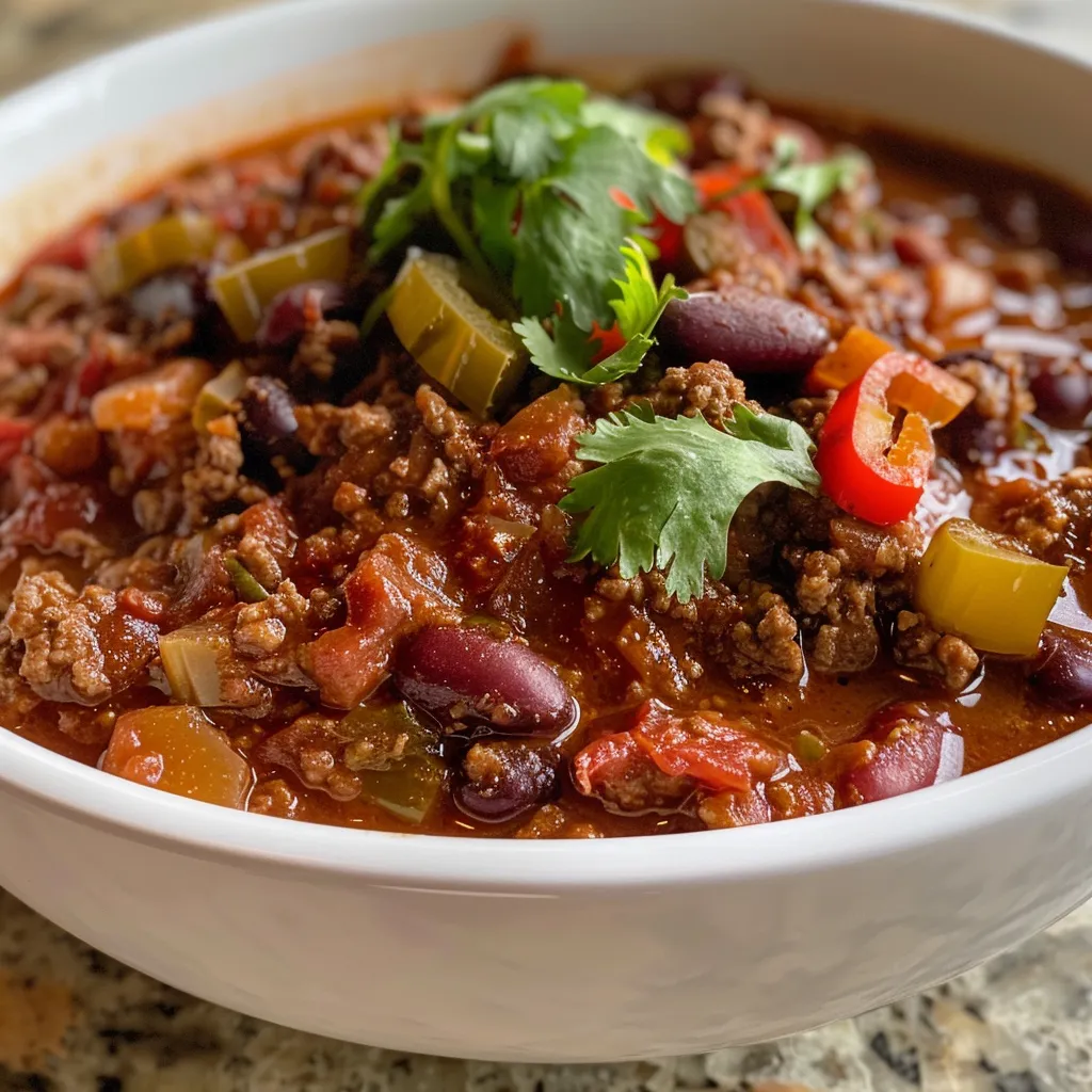 Seitenansicht von herzhaftem Chili mit Rinderhackfleisch, serviert in einer eleganten Schüssel.