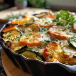 Nahaufnahme eines herzhaften Gemüse-Auflaufs mit buntem Gemüse und Käse.