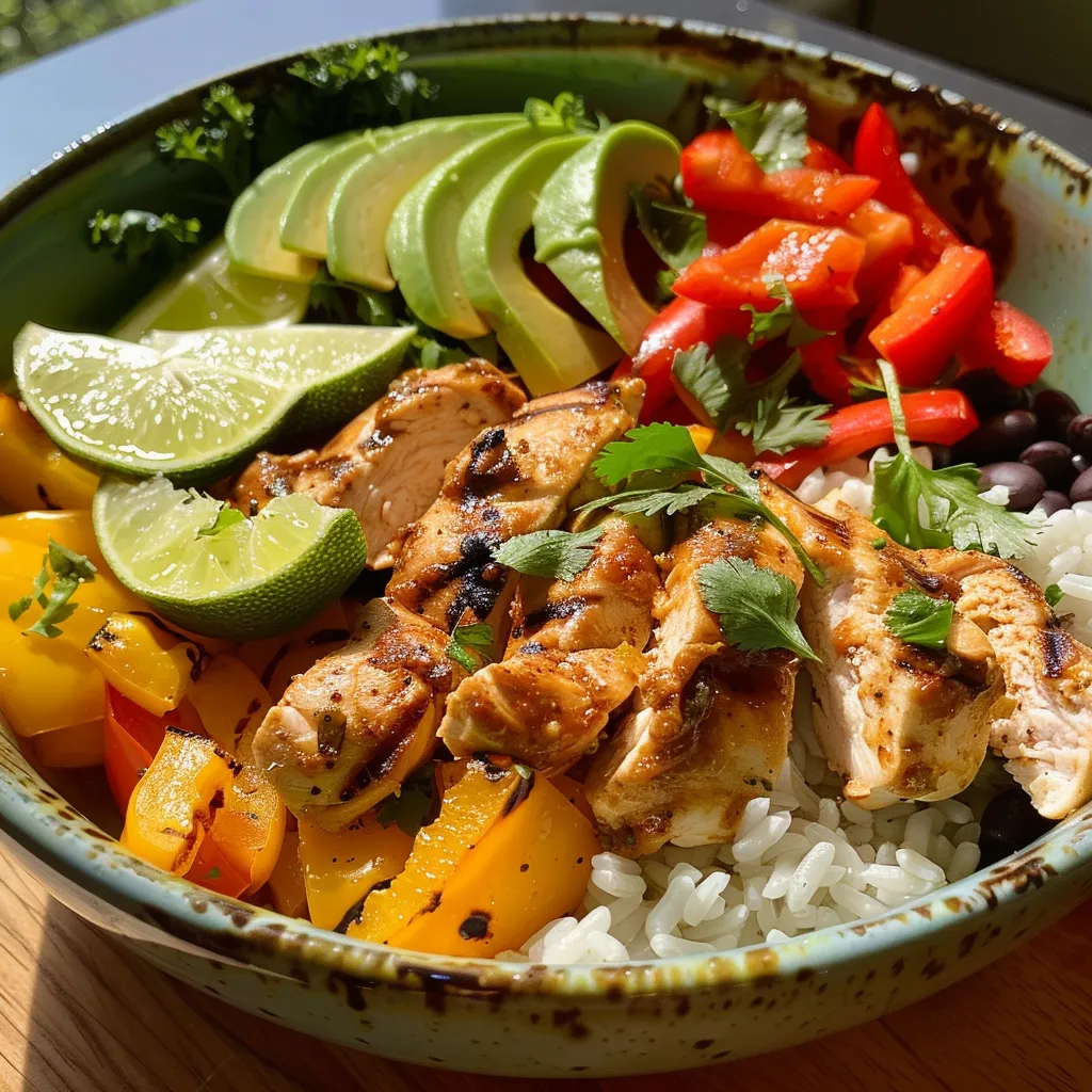 Seitenansicht eines vollgepackten Burrito Bowls mit Hühnchen, Avocado und Reis.