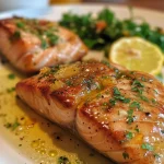 Detailaufnahme von Honig-Senf Lachsfilets, saftig und appetitlich.