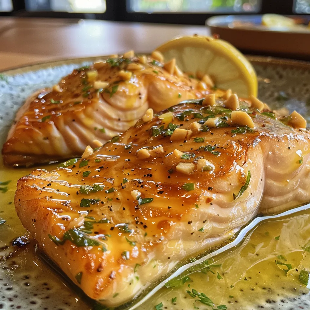 Seitenansicht eines gegrillten Honig-Senf Lachsfilets mit goldener Kruste.