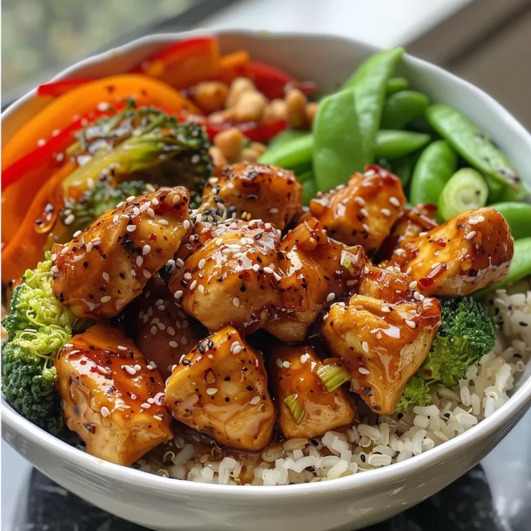 Nahaufnahme eines Hot Honey Chicken Bowls mit saftigem Hähnchen, Gemüse und Reis.
