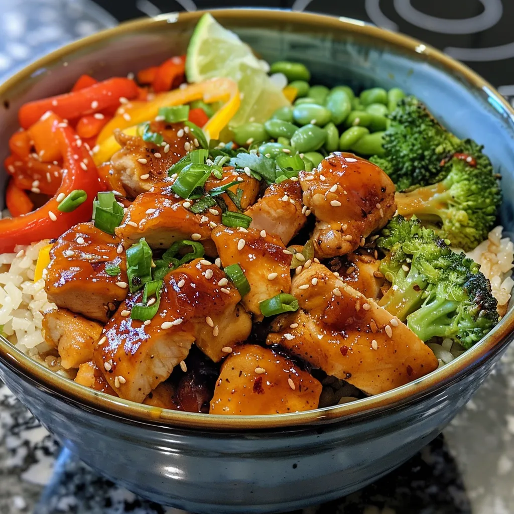 Seitenansicht eines Hot Honey Chicken Bowls mit bunten Zutaten und glänzender Soße.