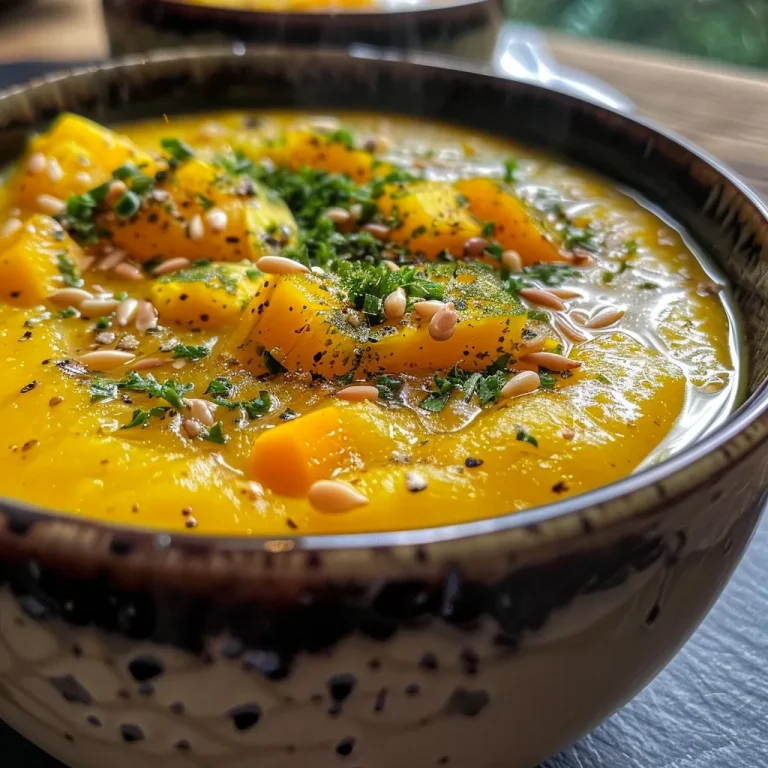 Nahaufnahme einer cremigen veganen Karotten-Ingwer-Suppe in einer weißen Schüssel.
