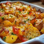 Nahaufnahme eines Kartoffel-Paprika-Auflaufs in einem weißen Auflaufformat.