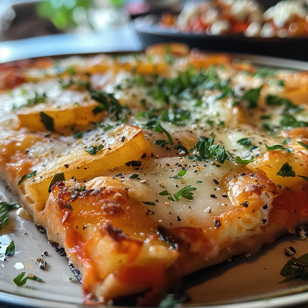 Seitenansicht eines frisch gebackenen, goldbraunen Kartoffel-Paprika-Auflaufs.