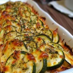 Nahaufnahme eines Kartoffel-Zucchini-Auflaufs mit goldbrauner Käsekruste.