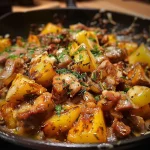 Naheaufnahme einer Kartoffel-Hackfleisch-Pfanne mit Käse und frischen Kräutern.