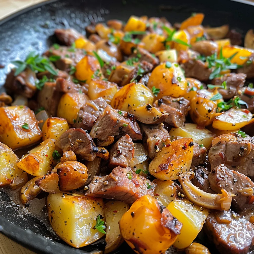 Detailaufnahme der goldbraunen Kartoffeln und Hackfleisch in einer Pfanne.