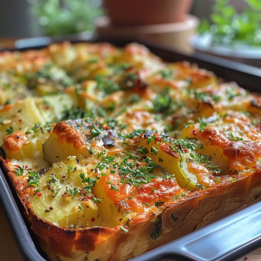 Nahaufnahme eines Kartoffelauflaufs mit Gemüse, lecker und einladend.