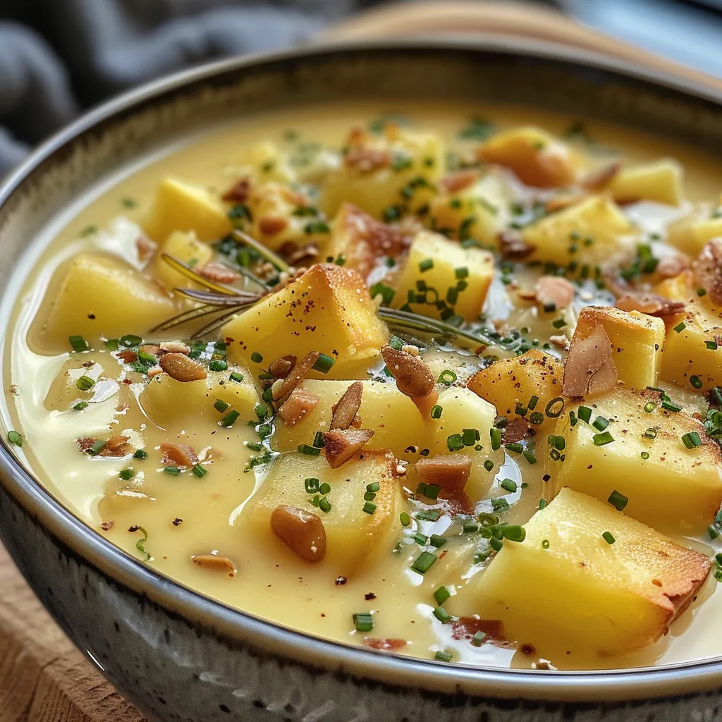 Seitenansicht einer cremigen Kartoffelsuppe mit Lauch und Gewürzen.