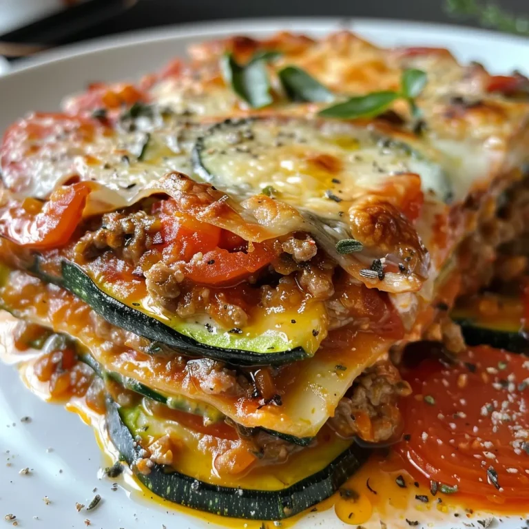 Nahaufnahme einer saftigen Keto-Lasagne mit Zucchini, die in einer Auflaufform geschichtet ist.