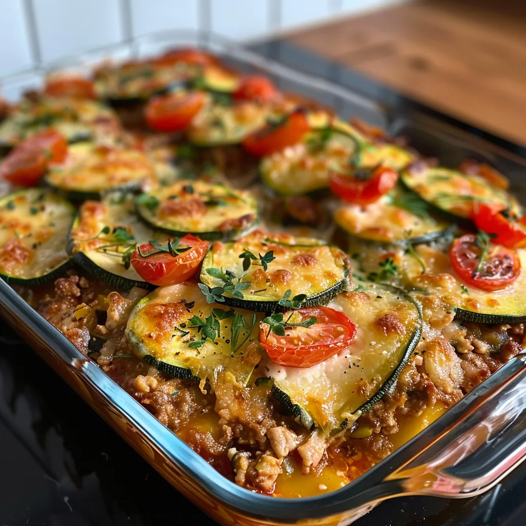 Eine köstliche Keto-Lasagne mit Zucchini, die aus Rinderhack, Ricotta und Tomaten besteht, in einem Teller serviert.