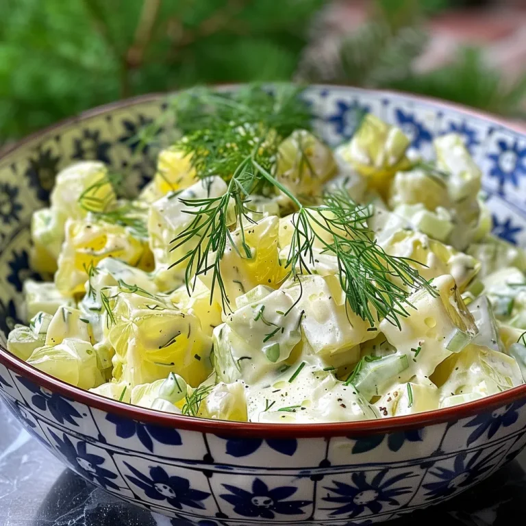 Nahaufnahme eines klassischen Gurkensalats mit Sahne und Dill in einer Schüssel.