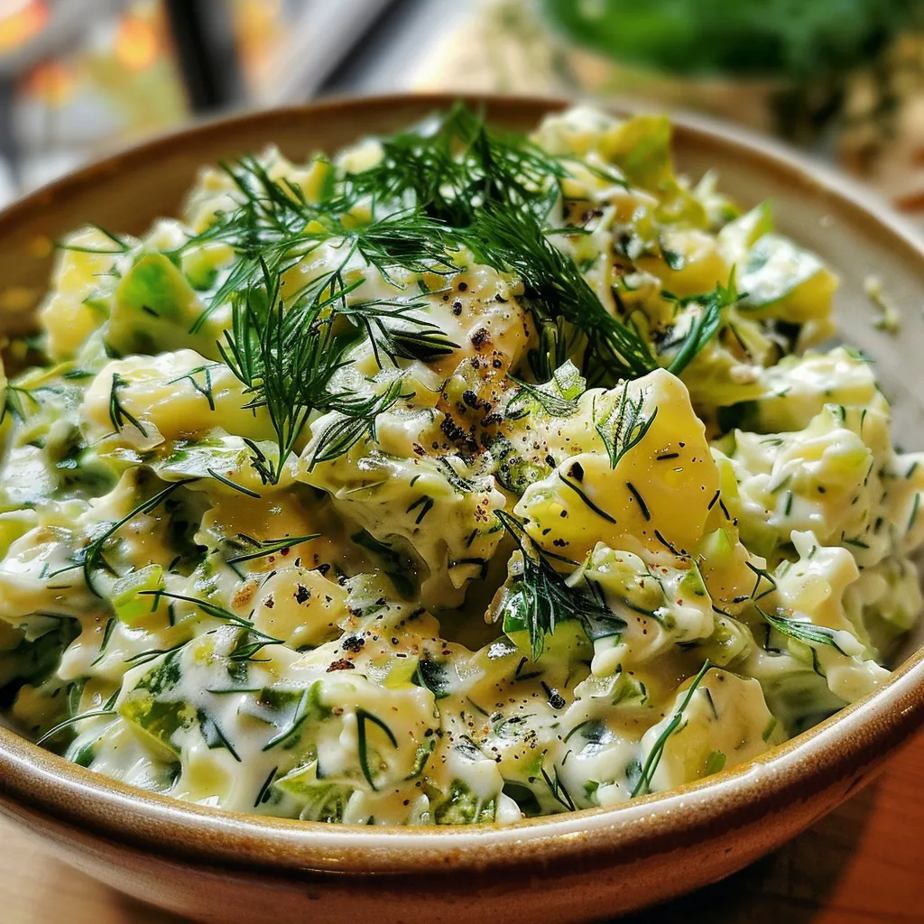 Seiteansicht von frischem Gurkensalat, garniert mit Dill und Sahne.