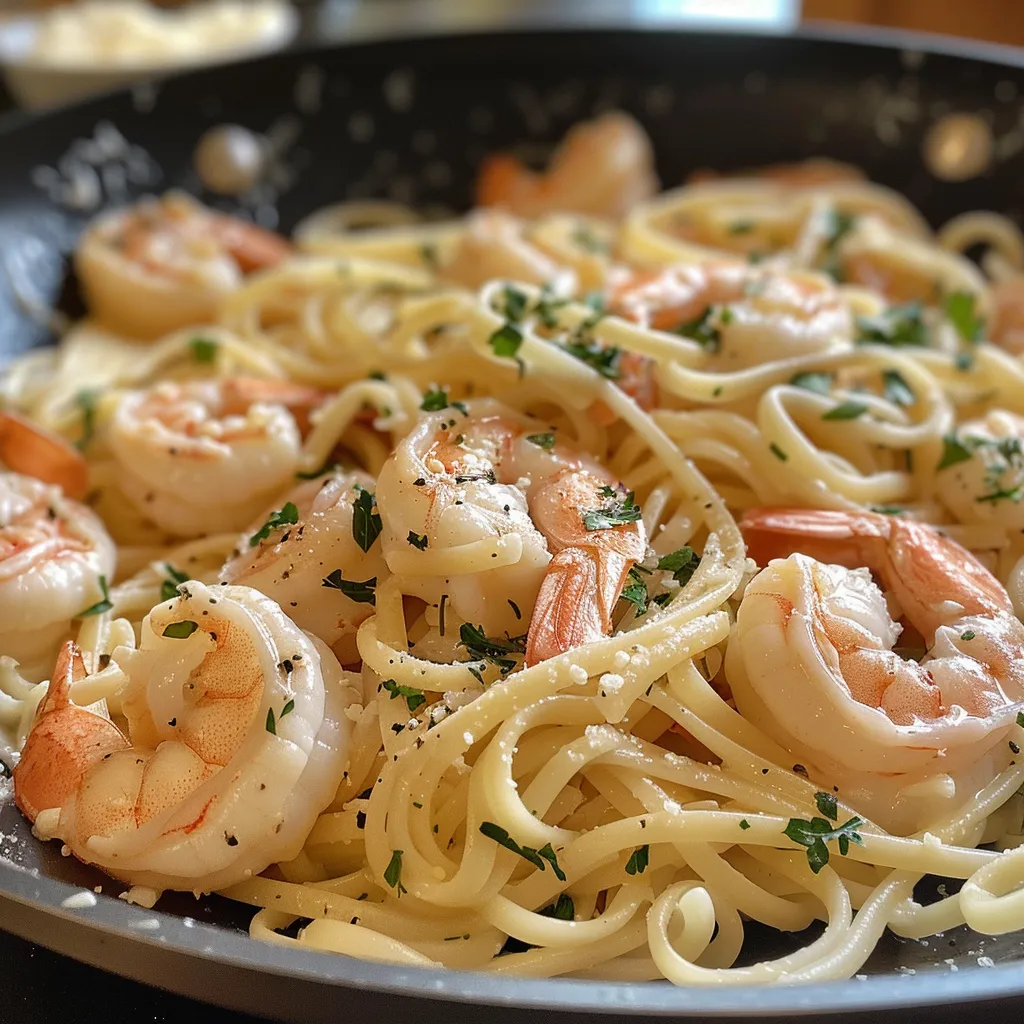 Seiteansicht von köstlicher Linguine mit Garnelen in Knoblauchbutter.