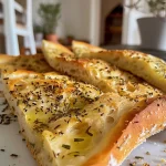 Nahaufnahme von einem saftigen Knoblauchbrot in Seitenansicht.