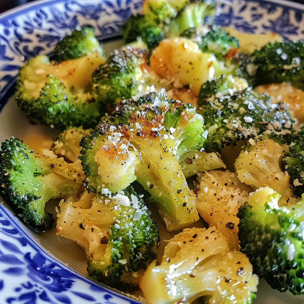 Seitenansicht von geröstetem Blumenkohl und Brokkoli, garniert mit Parmesan und Knoblauch.