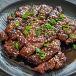 Saftige koreanische BBQ Rindfleisch-Spieße auf einem Grill.