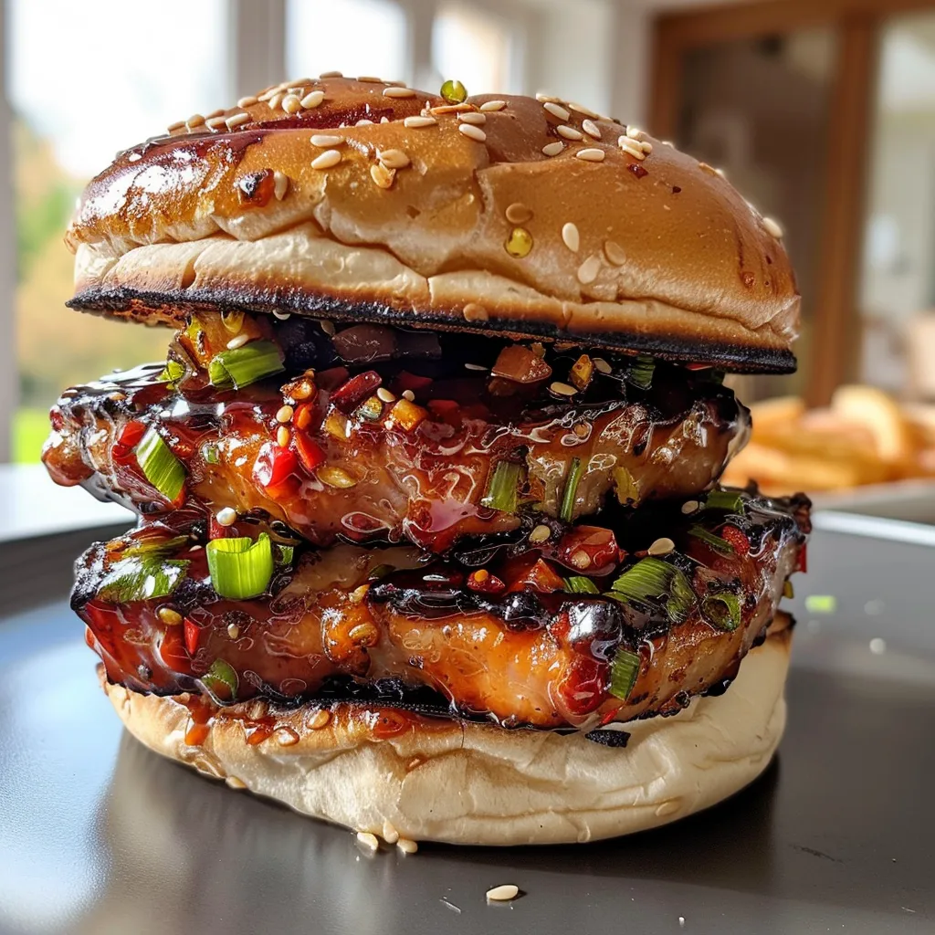 Seitenansicht eines saftigen Hähnchen-Sandwiches mit buntem Gemüse.