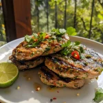 Saftige Koriander-Limetten-Hähnchenspieße auf einem Grill.