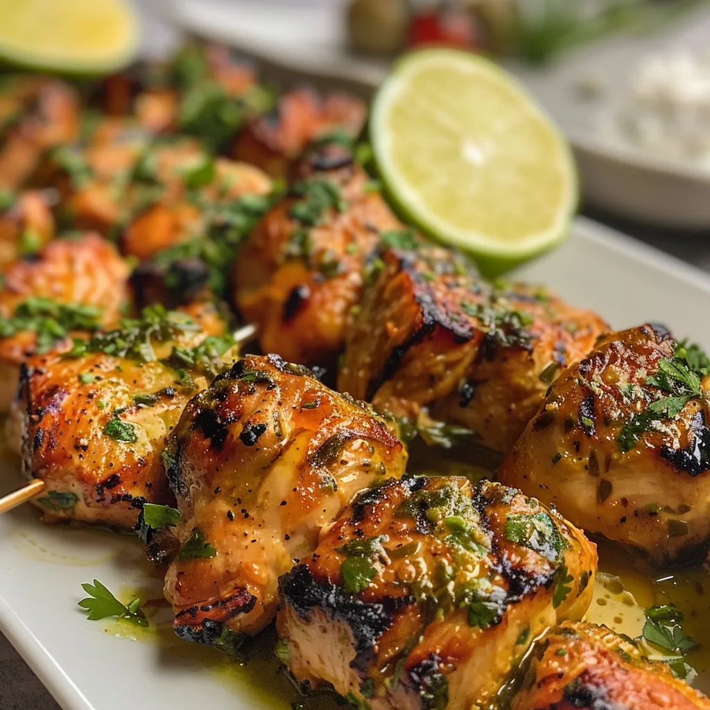 Nahaufnahme von marinierten Hähnchenspießen mit frischen Limetten und Koriander.