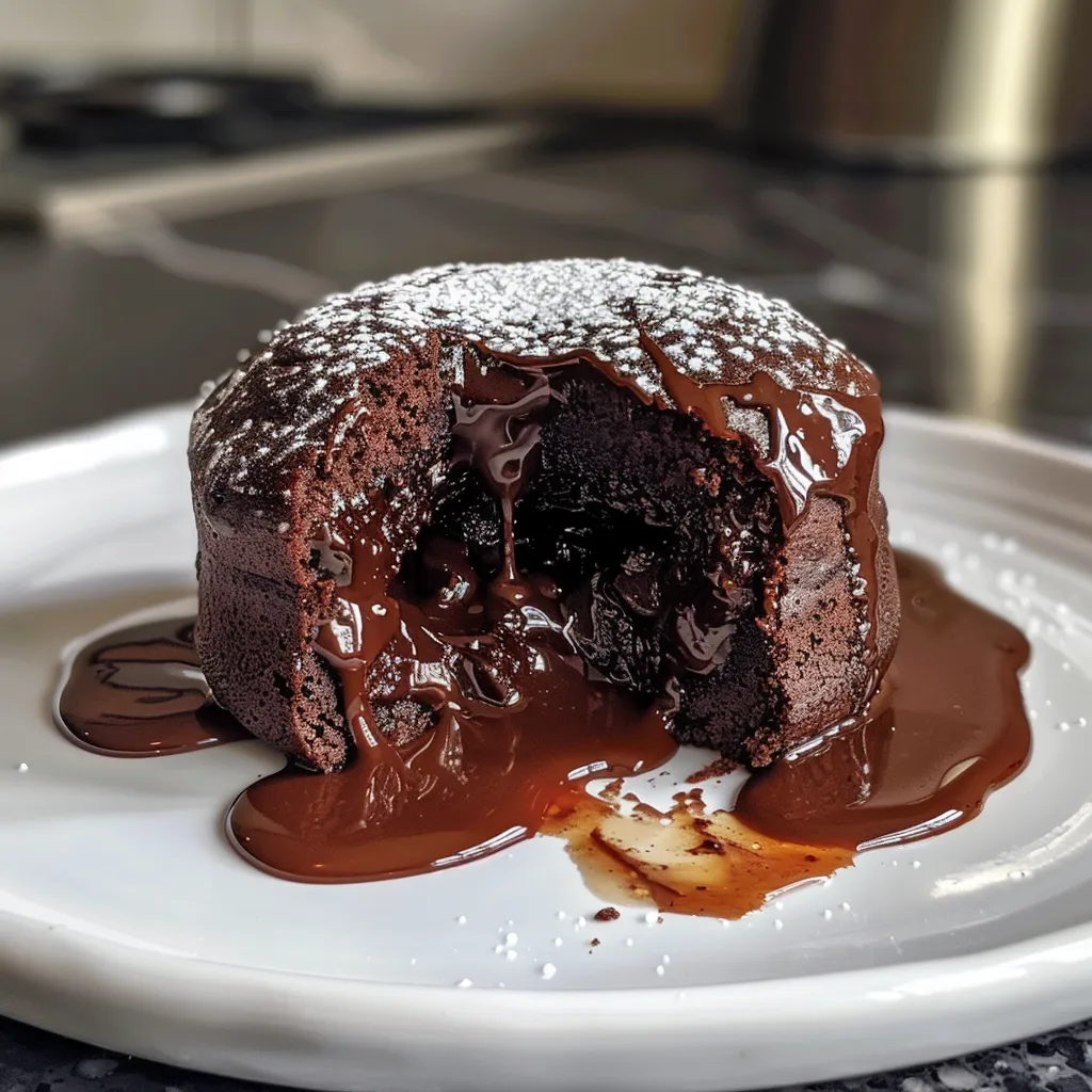 Seiteansicht eines schokoladigen Lava Cakes, der leicht geöffnet ist.