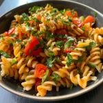 Nahaufnahme eines leichten Nudelsalats mit frischem Gemüse.