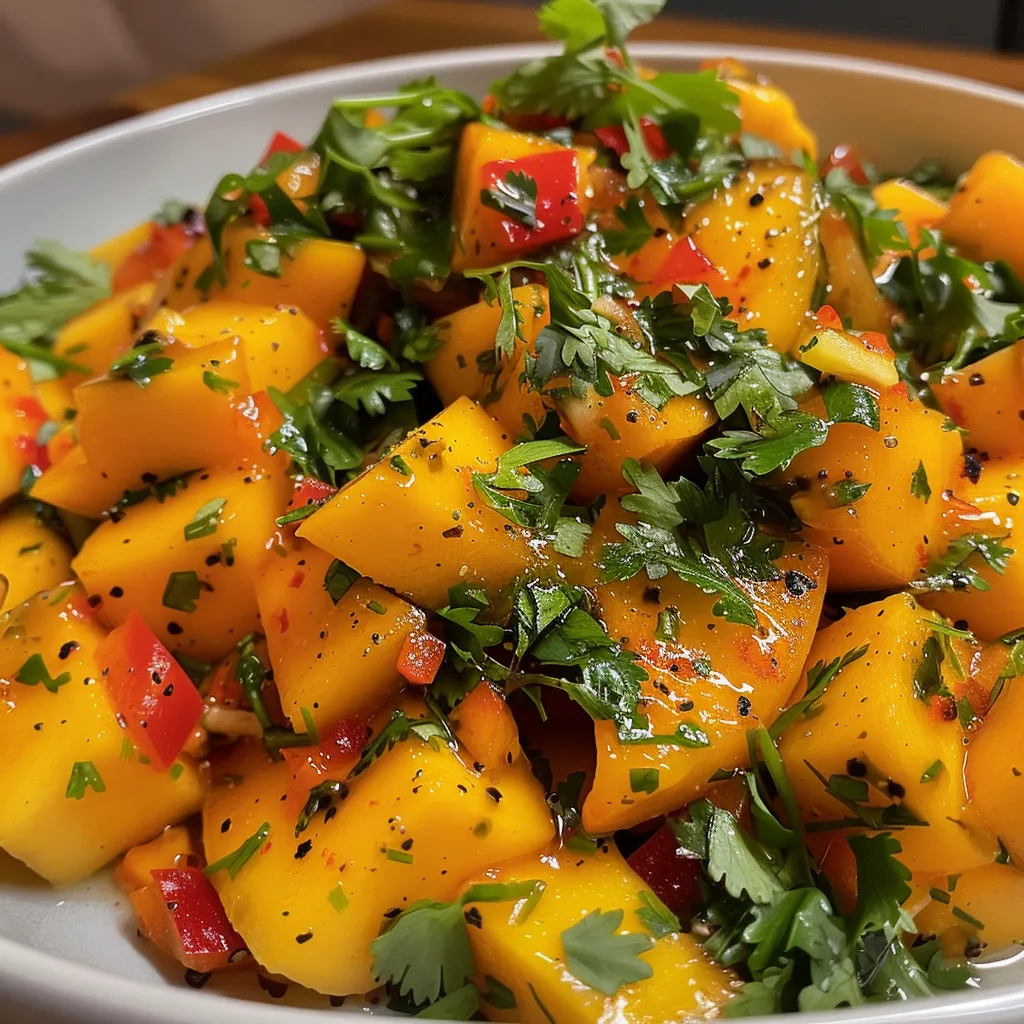 Seitenansicht eines frischen Mango-Gurken-Salats mit bunten Zutaten.