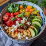 Nahaufnahme einer Mediterranen Reis-Bowl mit buntem Gemüse und Feta-Käse.