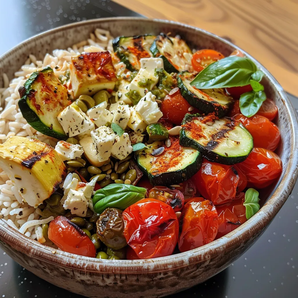Seitliche Ansicht einer schmackhaften Reis-Bowl, gefüllt mit Kichererbsen, Paprika und Zucchini.