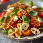 Nahaufnahme eines farbenfrohen Mediterraner Nudelsalats mit Pesto.