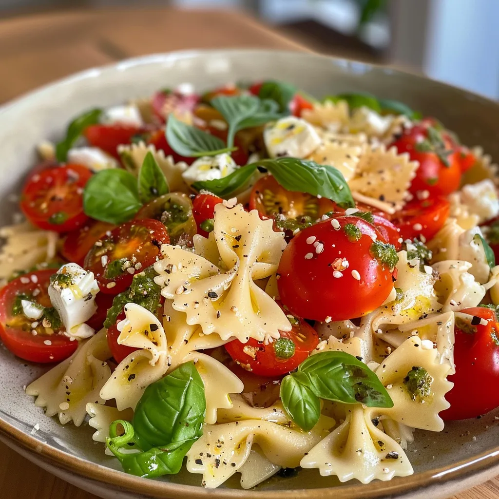 Seitenansicht eines appetitlichen Nudelsalats mit frischen Zutaten.
