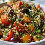 Nahaufnahme eines frischen Mediterraner Quinoa-Salats mit Tomaten und Oliven.