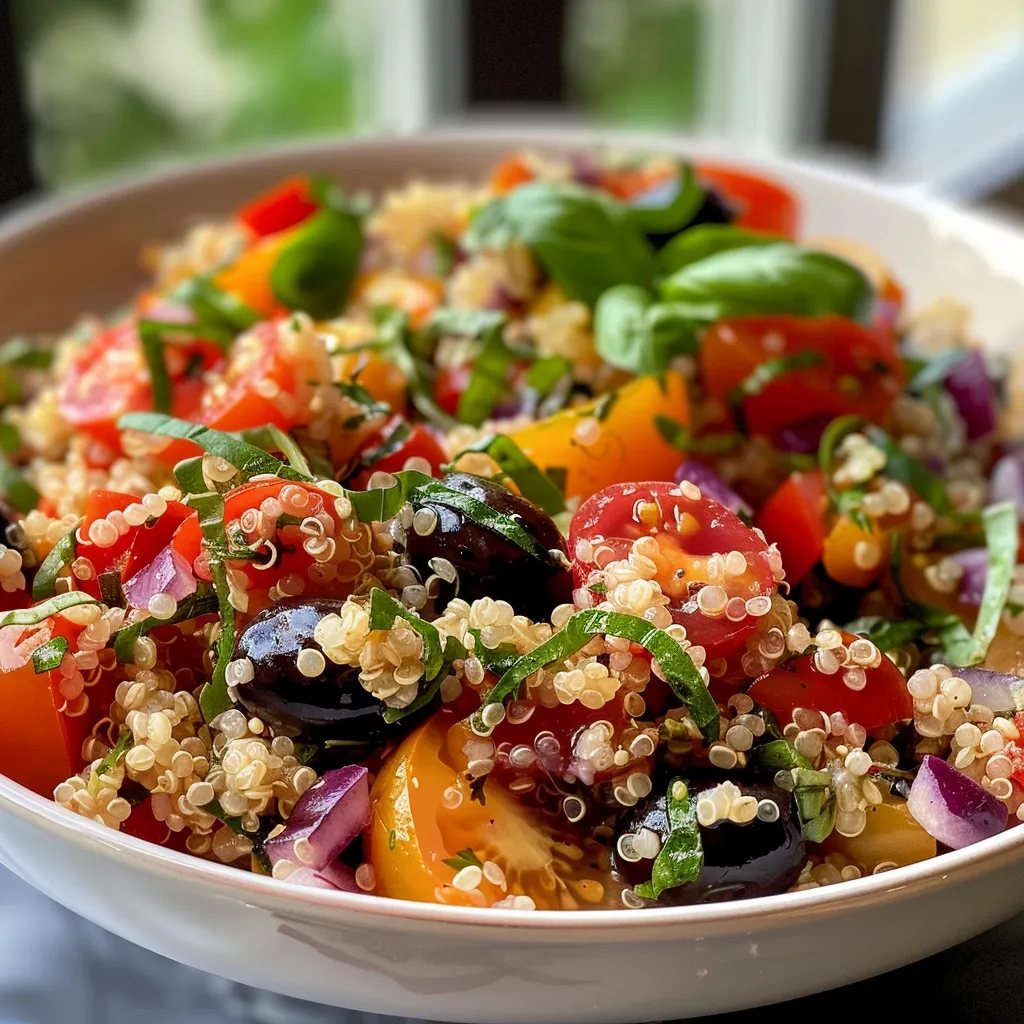Seitenansicht eines bunten Quinoa-Salats mit frischem Basilikum und Quinoa.